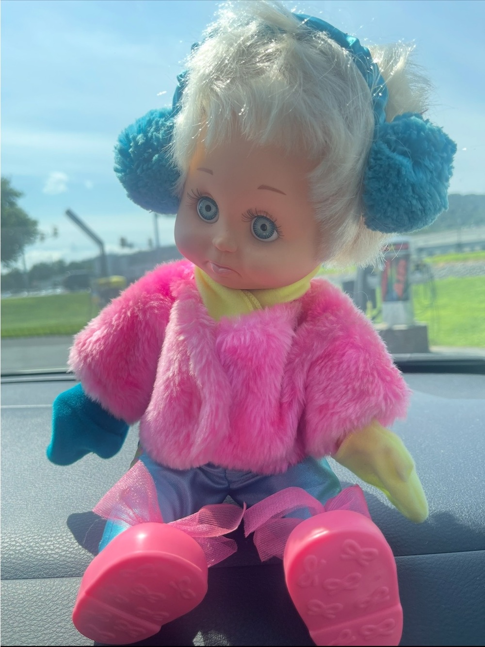 Plush Fashion Baby Doll in Pink Coat with Blue Earmuffs